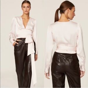 Marissa Web Collective Blush Tie Waist Blouse - Pink Ivory Crop Satin 4 Small